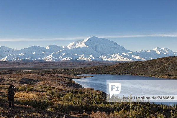 USA  Alaska  reifer Mann beim Fotografieren des Mount Mckinley im Denali Nationalpark