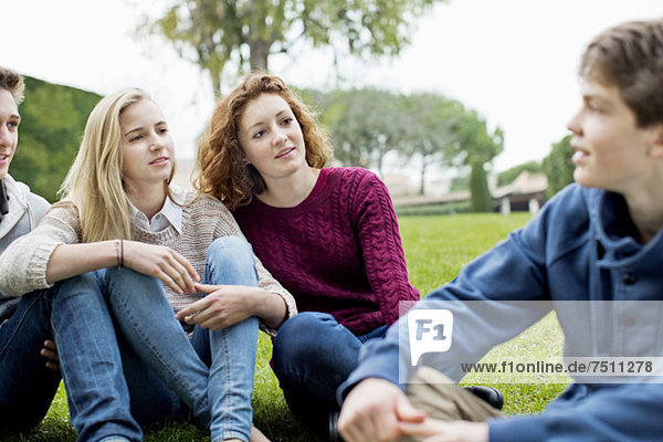 Teenager-Freunde sitzen zusammen im Park