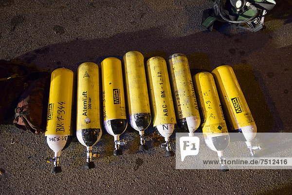 Oxygen tanks for the compressed air breathing apparatuses respiratory protective equipment of the fire department Stuttgart Baden-Wuerttemberg Germany Europe