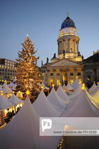 '''Winter Magic at the Gendarmenmarkt''  Christmas market at Gendarmenmarkt square  German Cathedral  dusk  Berlin Mitte  Germany  Europe'