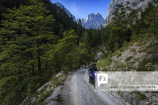 Ein Motorradfahrer auf einer kleinen Straße in den Dolomiten in der Nähe von Andalo  Italien  Europa