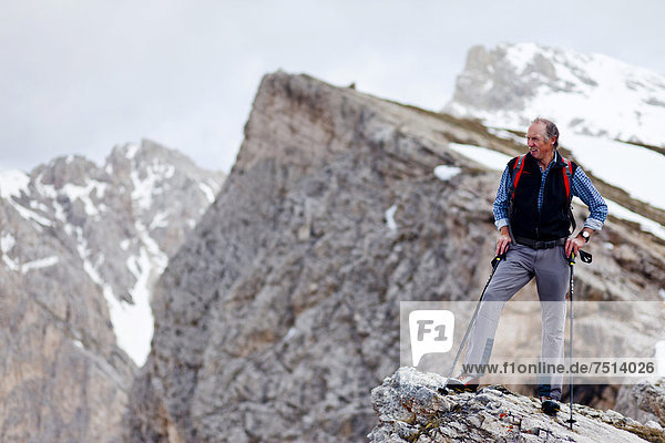 Hiker on the Pizzascharte wind gap  Dolomites  province of Bolzano-Bozen  Italy  Europe
