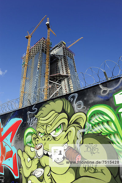Graffiti in front of the construction site of the new ECB  European Central Bank  Frankfurt am Main  Hesse  Germany  Europe