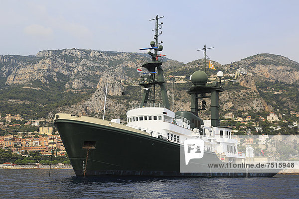 Lone Ranger  a cruiser built by Schichau Unterweser AG  length: 77.40 m  built in 1973  converted from a tug boat into a yacht in 1995  anchored off the Principality of Monaco  French Riviera  Mediterranean Sea  Europe