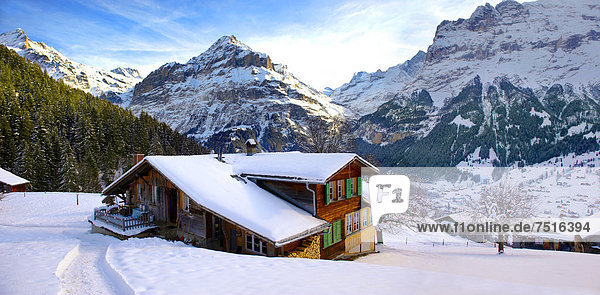 Europa Berg Winter sehen Chalet Westalpen Grindelwald Schweiz Schweizer Alpen