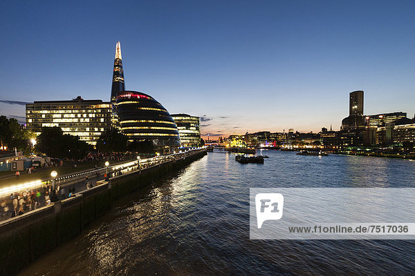 The Shard Tower  City Hall  River Thames  view from Tower Bridge at dusk  London  England  United Kingdom  Europe
