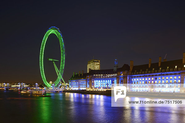London Eye in Neonlicht bei Nacht  London  England  Großbritannien  Europa