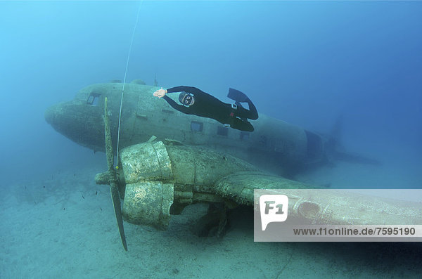 'Freediver at plane wreck Douglas DC-3 ''Dakota''  Mediterranean Sea  Kas  Ka?  Turkey'