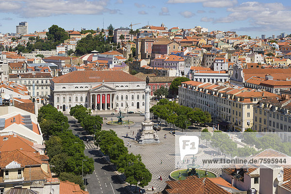 View on Rossio square  Pedro IV Square  Praca de D Pedro IV  with The National Theatre D Maria II  The Column of Pedro IV and bronze fountains from the terrace of the Santa Justa Lift  Elevador de Santa Justa  Carmo Lift  Elevador do Carmo  Lisboa  Lisbon  Portugal  Europe