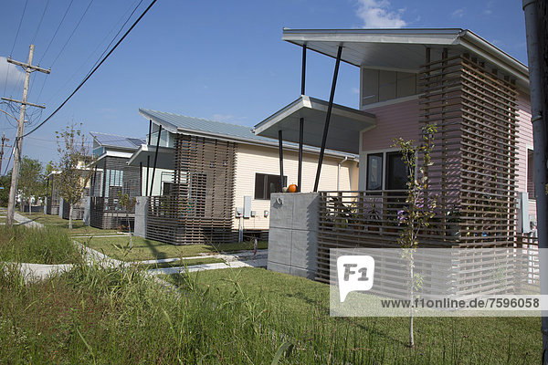 The Holy Cross Project  a green housing village developed by Global Green  the homes have solar panels  waste cisterns  raingardens  planted roofs  and other environmentally-sustainable features  in the lower ninth ward  New Orleans  Louisiana  USA