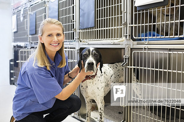 Tierarzt platziert Hund im Zwinger