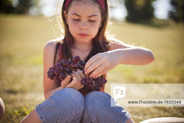 Mädchen essen Weintrauben auf dem Feld