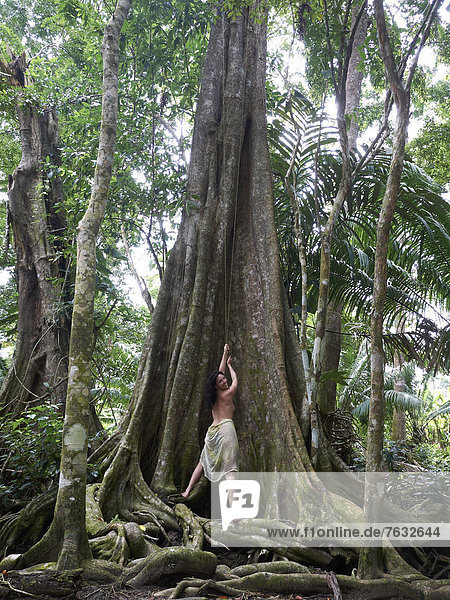 Frau  45  zieht an einer Liane eines Kapokbaumes (Ceiba pentandra)  Regenwald  Punta Uva  Puerto Viejo de Talamanca  Costa Rica  Zentralamerika
