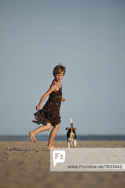 Girl running with a Dansk-Svensk Gardshund or Danish-Swedish Farmdog along the beach