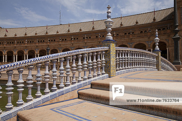 Stair railing clad with tiles at the Plaza de Espana  Seville  Andalusia  Spain  Europe