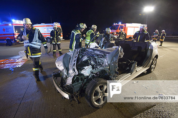 Wreck of a Mercedes B-Class vehicle after a traffic accident on the A8 motorway  Weilheim an der Teck  Baden-Wuerttemberg  Germany  Europe