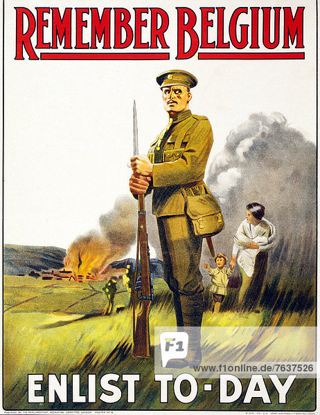 First World War  WWI  World War I  world war  war  Europe  propaganda  poster  Great Britain  British  recruitment poster  soldier  military  army  woman  child  burn  village  flee  Thinking  Remember  Belgium  1915
