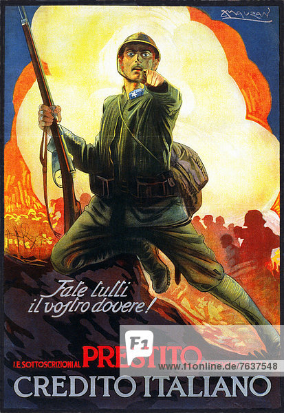 First World War  WWI  World War I  world war  war  Europe  propaganda  poster  Italy  Italian  propaganda poster  soldier  military  army  pointed  fight scene  duty  drawings  loan  borrowing  war loan  war bond  bond  1917