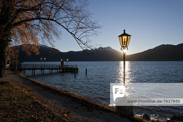 Attersee  lake  mood  autumn  Höllengebirge  Upper Austria  Austria  Europe  footbridge  sundown  lantern