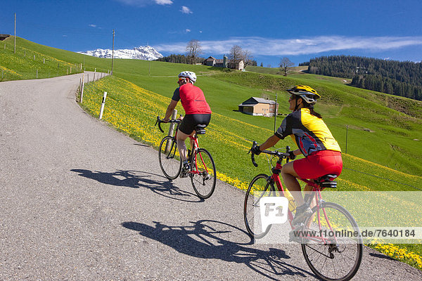 Cyclist  biker  Toggenburg  spring  bicycle  bicycles  bike  riding a bicycle  canton  SG  St. Gallen  Churfirsten  racing bicycle  Switzerland  Europe  couple  man  woman  Wattwil