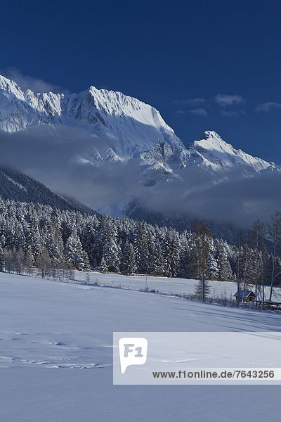 hoch oben leer Europa Berg Winter Urlaub ruhen Wolke Reise Ruhe Himmel Wald Natur Holz Stille blau Österreich Mieminger Plateau Rest Überrest Schnee Tirol