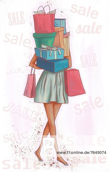 Conceptual illustration of woman carrying loads of gift box