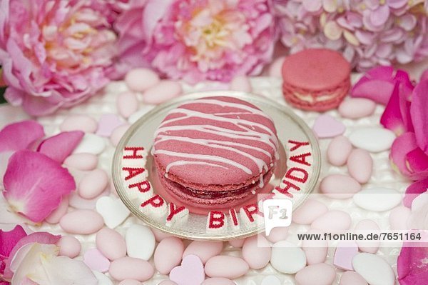 Pink Macaron mit Zuckerstreifen auf Silberteller  umgeben von Zuckermandeln  Pfingstrosen und Rosenblättern