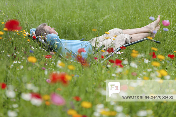 Man relaxing while lying in a deck chair in a flower meadow  Hagen  Lower Saxony  Germany  Europe