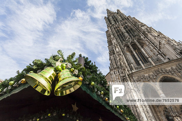 Christmas decoration with bells  Christmas market  Ulm Cathedral  Münsterplatz  Ulm  Baden-Wuerttemberg  Germany  Europe
