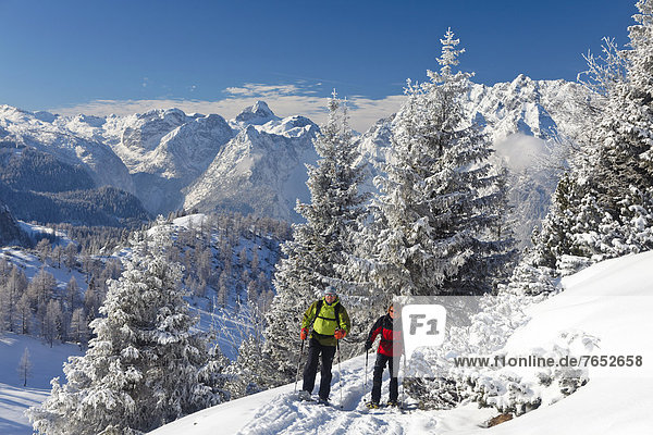 Man and a woman snowshoeing in Berchtesgaden National Park  snowshoe route to Torrener Joch pass  Watzmann Mountain and Hundstod Mountain at the rear  Berchtesgadener Land  Bavaria  Germany  Europe