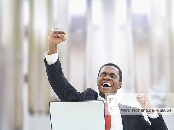 Businessman using a laptop in an office  jubilating
