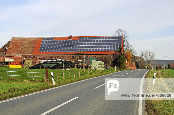 Photovoltaikanlage  Solarstromanlage  Bauernhof  Dach  Landstraße  Münsterland  Nordrhein-Westfalen  Deutschland  Europa  ÖffentlicherGrund
