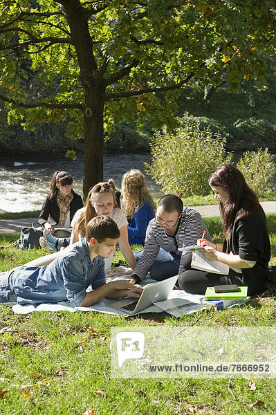 Students with laptops and books on a meadow  Freiburg im Breisgau  Baden-Wuerttemberg  Germany  Europe