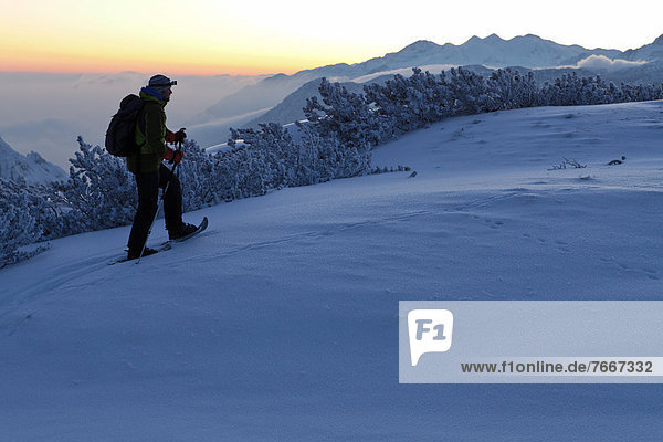 Ein Mann bei einer Schneeschuhtour am Torrener Joch  Blick zum Grimming  Krippenstein  Plassen  Berchtesgadener Land  Bayern  Deutschland  Europa
