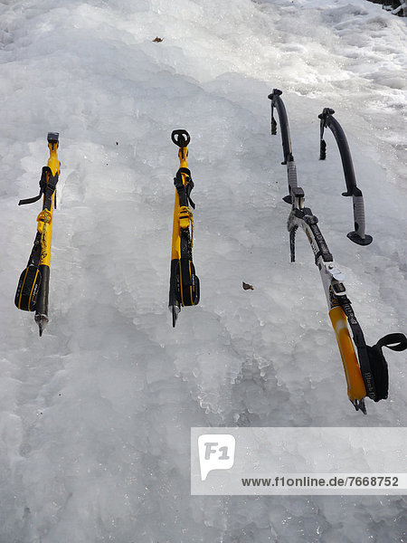 Equipment for ice climbers in Eistobel  Maierhoefen  Allgaeu  Bavaria  Germany  Europe