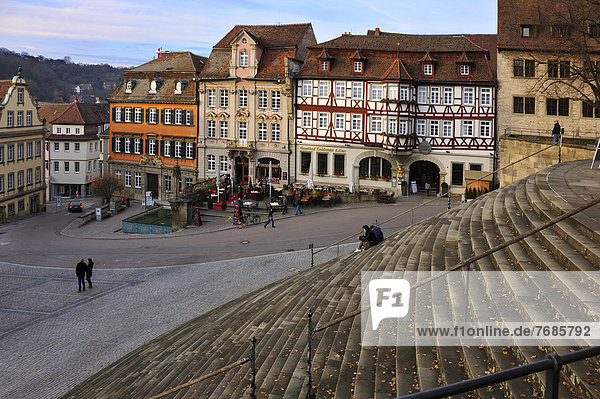 View from the flight of stairs in front of Saint Michael towards the old building facades on Marktplatz square  Schwaebisch Hall  Baden-Wuerttemberg  Germany  Europe  PublicGround