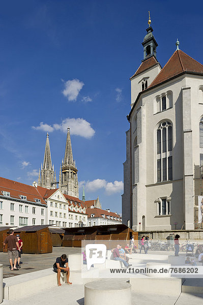 Neupfarrkirche or New Parish Church in front of St. Peter's Cathedral  Regensburg  Upper Palatinate  Bavaria  Germany  Europe