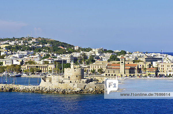 Harbour entrance of Rhodes with the fortified tower of Agios Nikolaos
