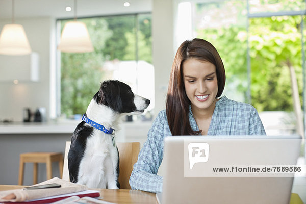 Hunde beobachtende Frau benutzt Laptop