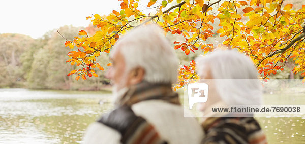 Older couple standing in park