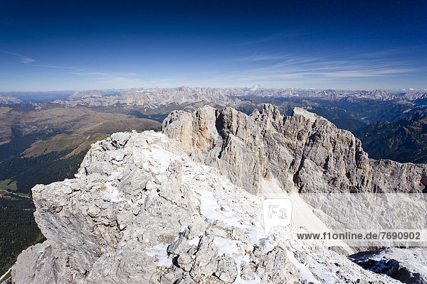 Summit of Cima Vezzena Mountain in the Pala Group  overlooking the Dolomites with the South Face of the Marmolada  Trentino  Italy  Europe