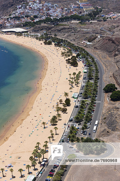 The sandy beach of Playa de las Teresitas with palm trees  bird's eye view
