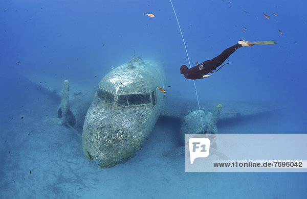 Freediver at plane wreck Douglas Dakota  Mediterranean Sea  Ka?  Kas  Turkey