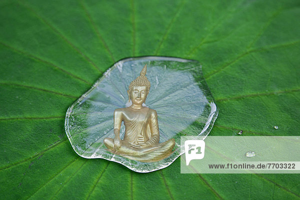 Buddhastatue spiegelt sich in einem Wassertropfen auf einem Lotosblatt