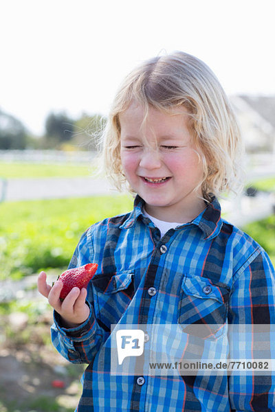 Boy eating strawberry outdoors