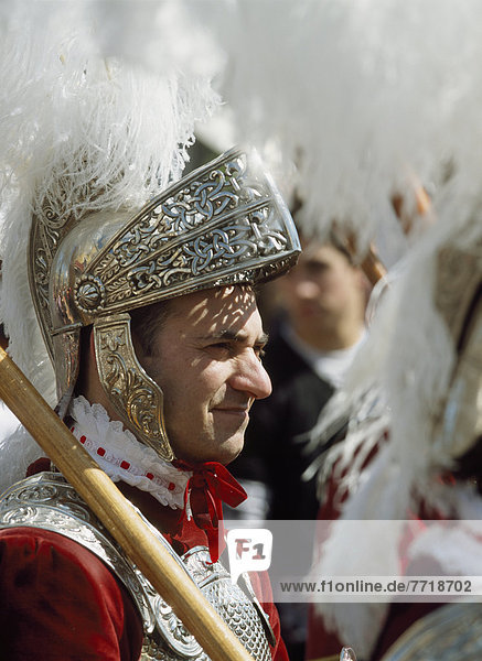 Man In Roman Soldier Costume In Semana Santa Parade Through Seville  Andalucia  Spain