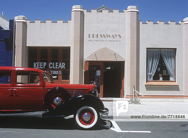 Vintage Car Outside Art Deco Building  North Island  New Zealand