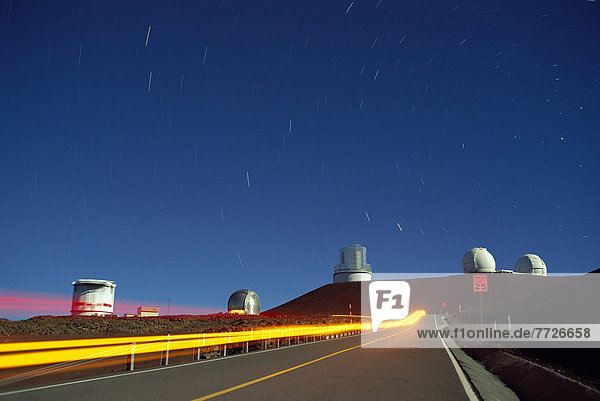 Hawaii  Big Island  Mauna Kea Blurred Car Lights Along Road Star Trails In Sky Observatory Summit Motion D1518