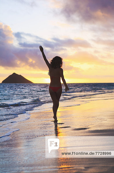 Frau  gehen  Strand  Silhouette  Sonnenaufgang  vorwärts  Hawaii  Oahu