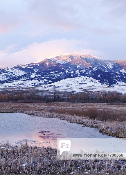 Snow Covered Mountain At Sunset Reflected In Water In Yellowstone National Park  Wyoming United States Of America
